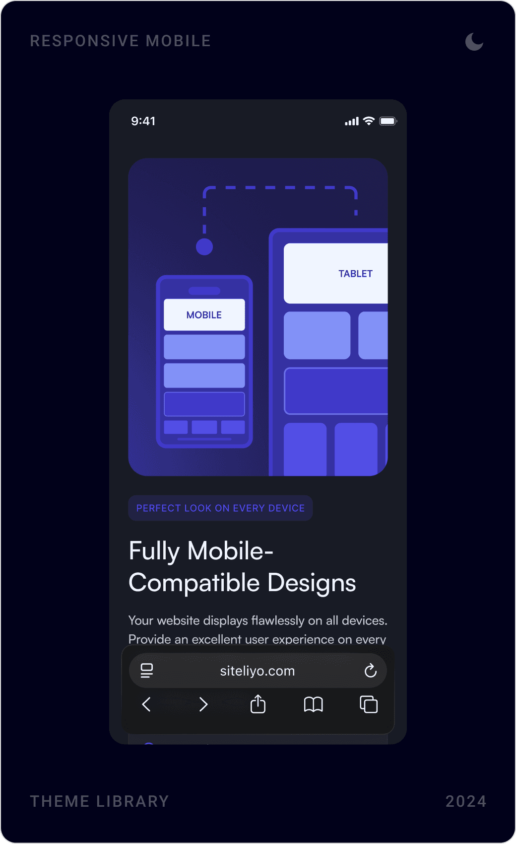 Mobile dark mode screens: theme library, fully mobile-compatible designs feature and the pricing section
