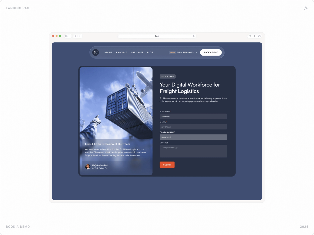 “Your digital workforce for freight logistics” book-a-demo form with testimonial