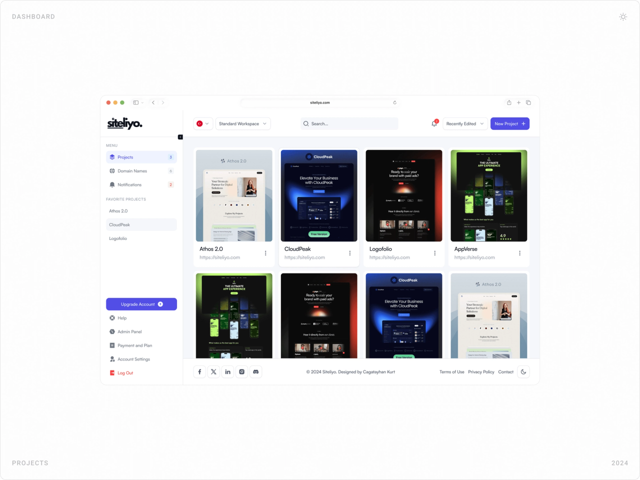 Projects dashboard with a sidebar, workspace switcher, search and a grid of website project cards