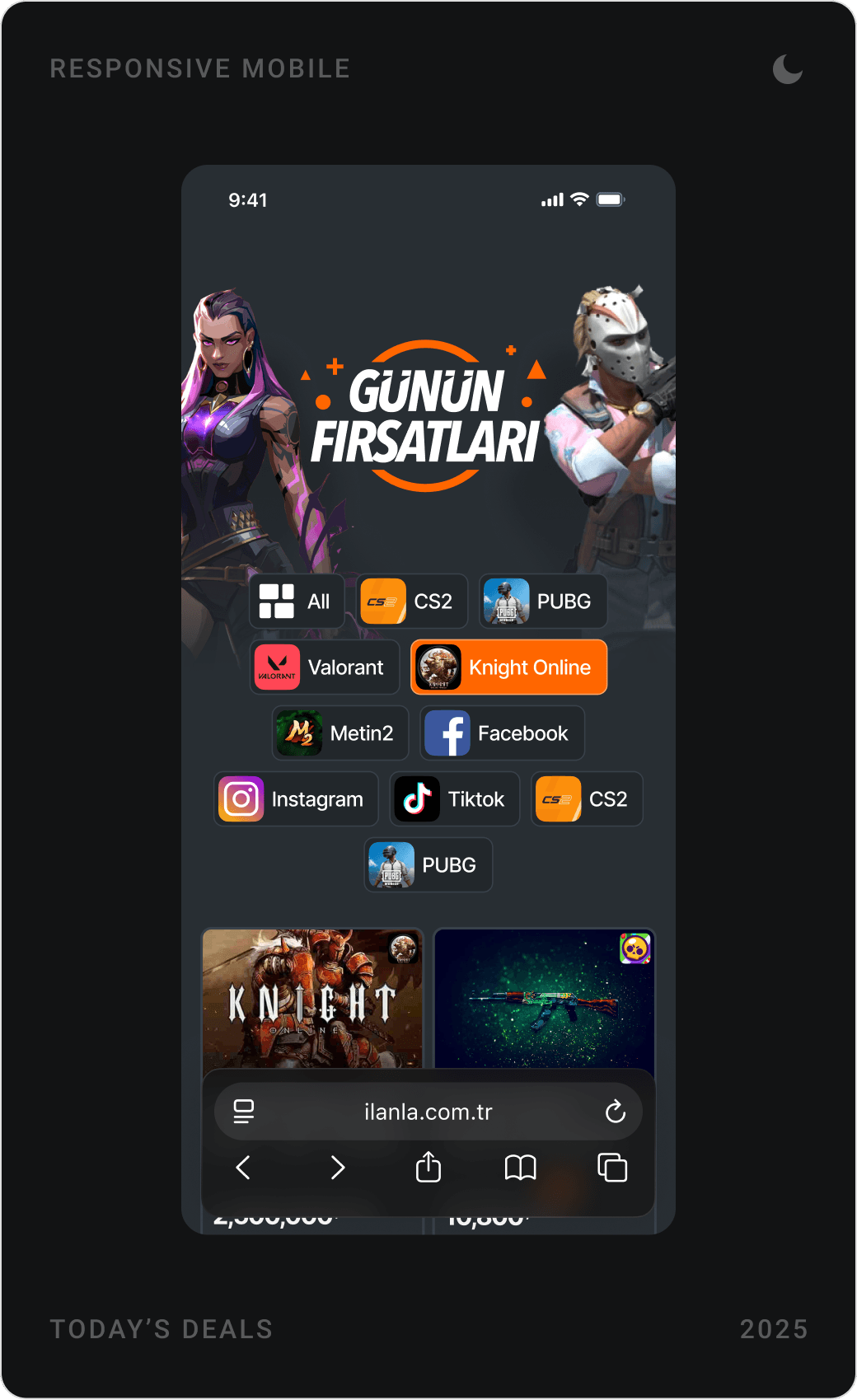Mobile Featured Deals with countdown timer, “Günün Fırsatları” game category chips, and footer with payment methods