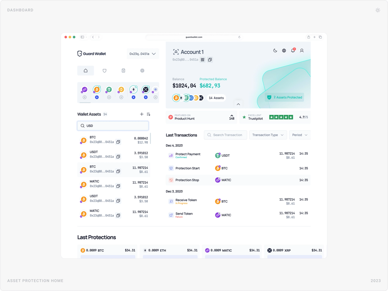 Protection dashboard home with wallet assets list, account balance, protection balance, last transactions and last protections