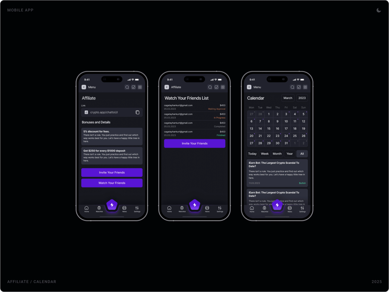 Affiliate screen with referral link and bonuses, Watch Your Friends List with statuses, and monthly economic calendar