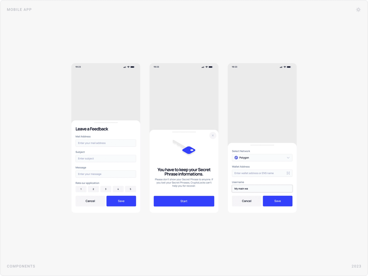 Components: Leave a Feedback form with rating, a secret phrase reminder sheet, and an add address form with network selector