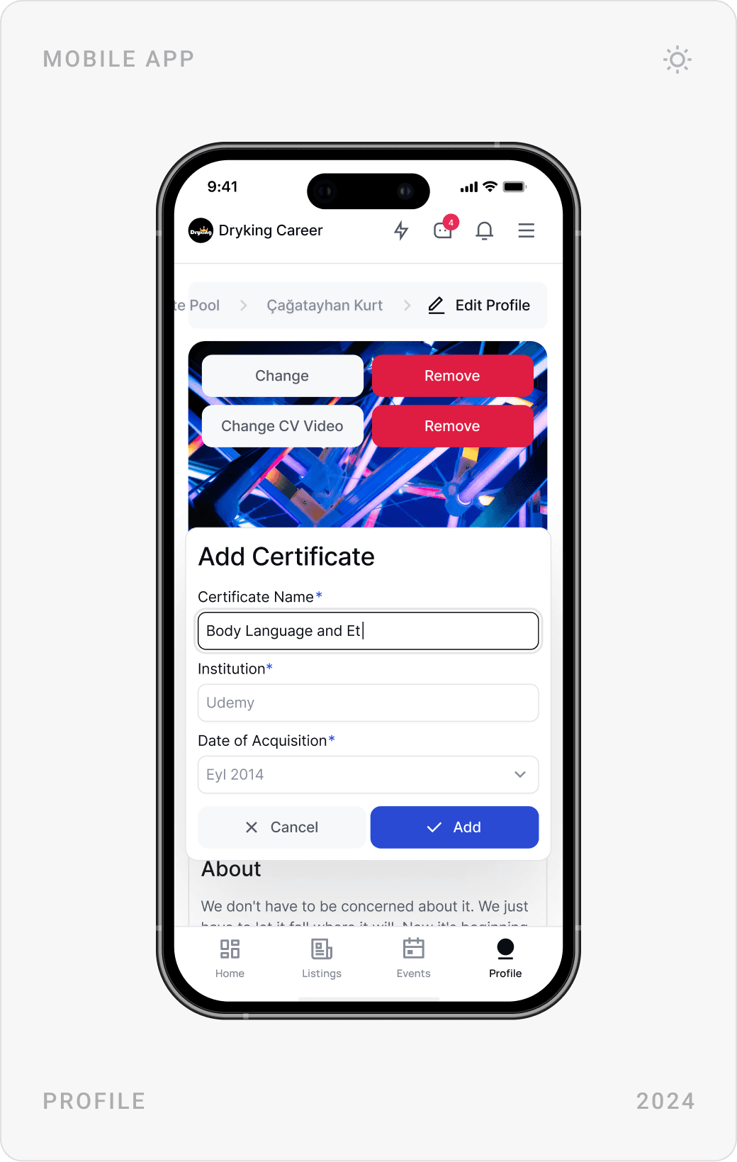 Mobile candidate profile with CV video, rating and Send Message button, profile edit screen, and Add Certificate form