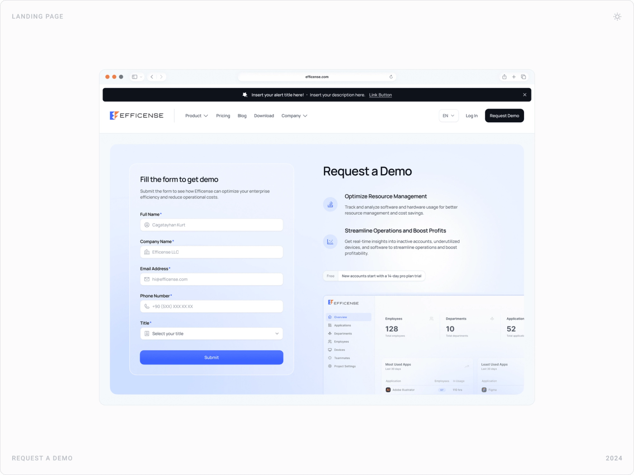 Request a Demo page with a short form, two benefit points, a free trial note and dashboard preview