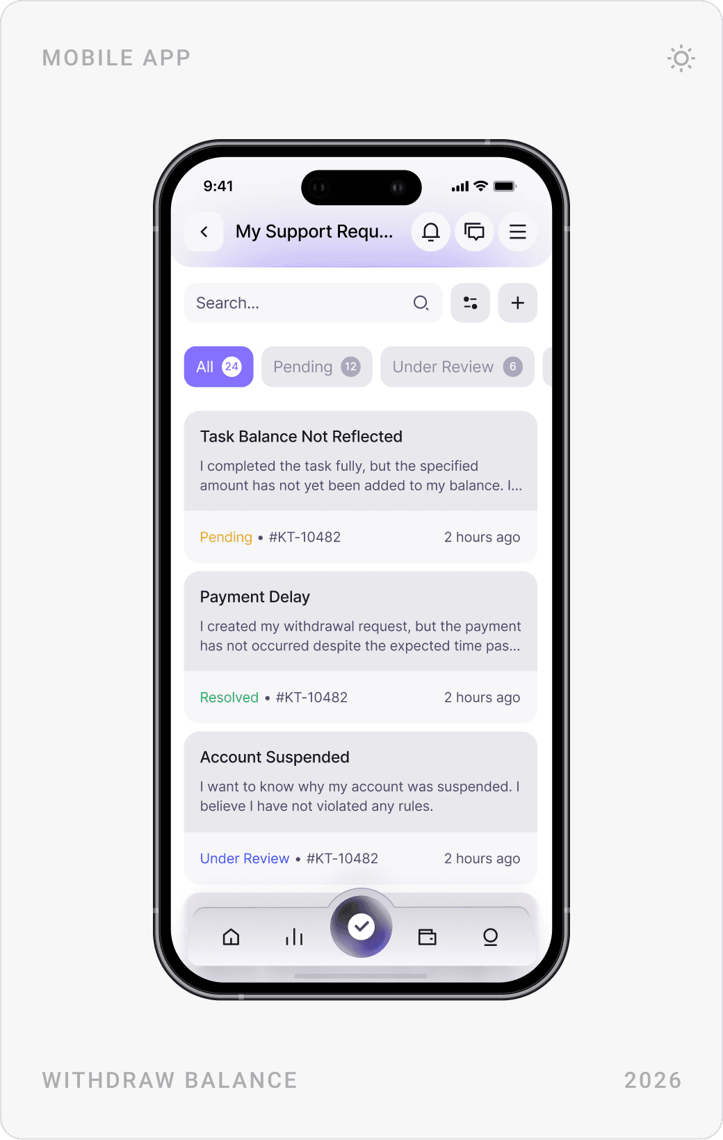 Withdraw Balance screen with Papara, transfer and USDC options and store vouchers, support requests by status, and security settings