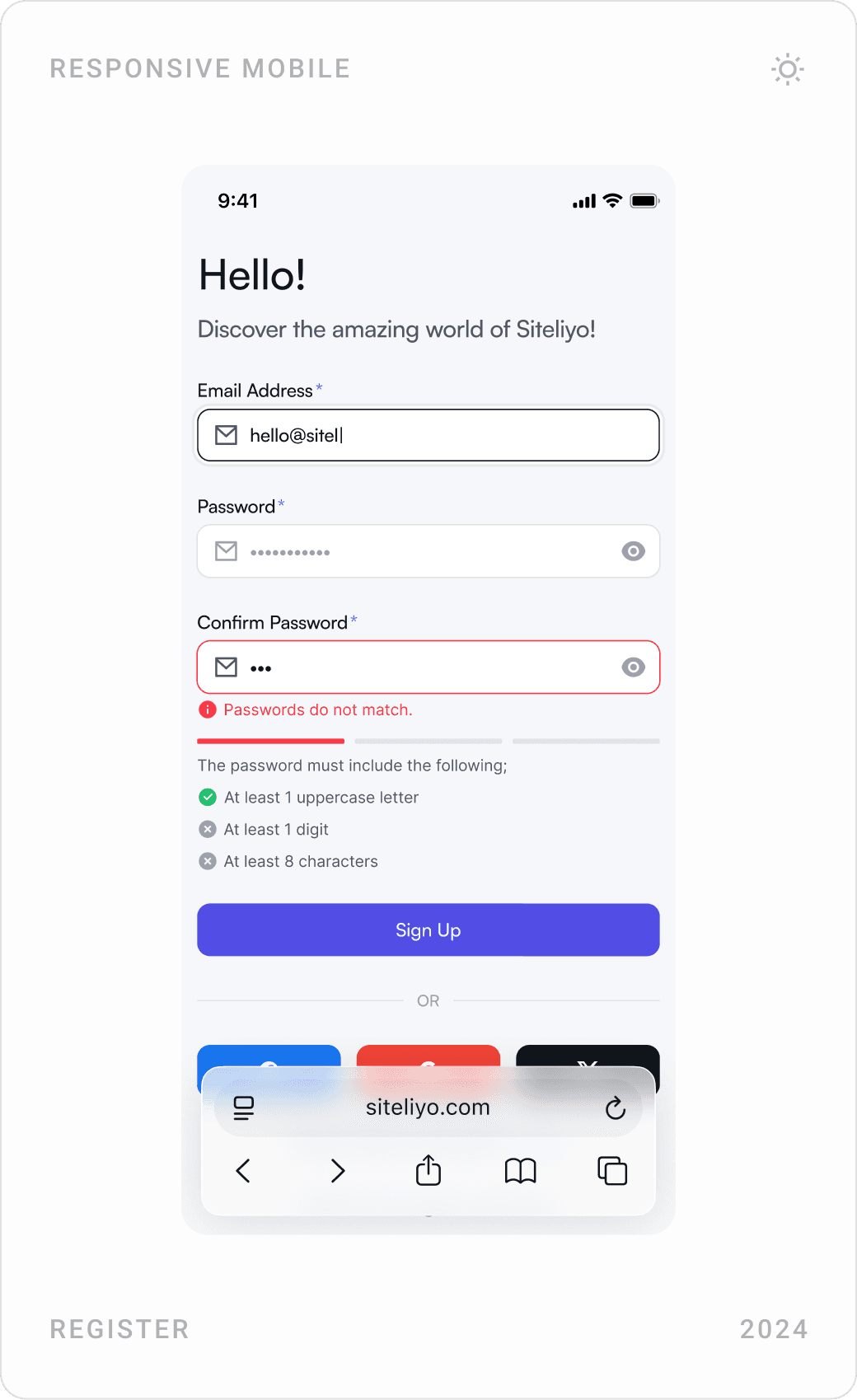 Mobile register, log in and “Don’t worry!” forgot password screens