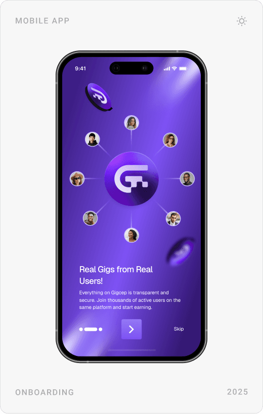 Gigcep onboarding: “The New Generation Earning Experience”, “Real Gigs from Real Users” and an earnings tracking slide