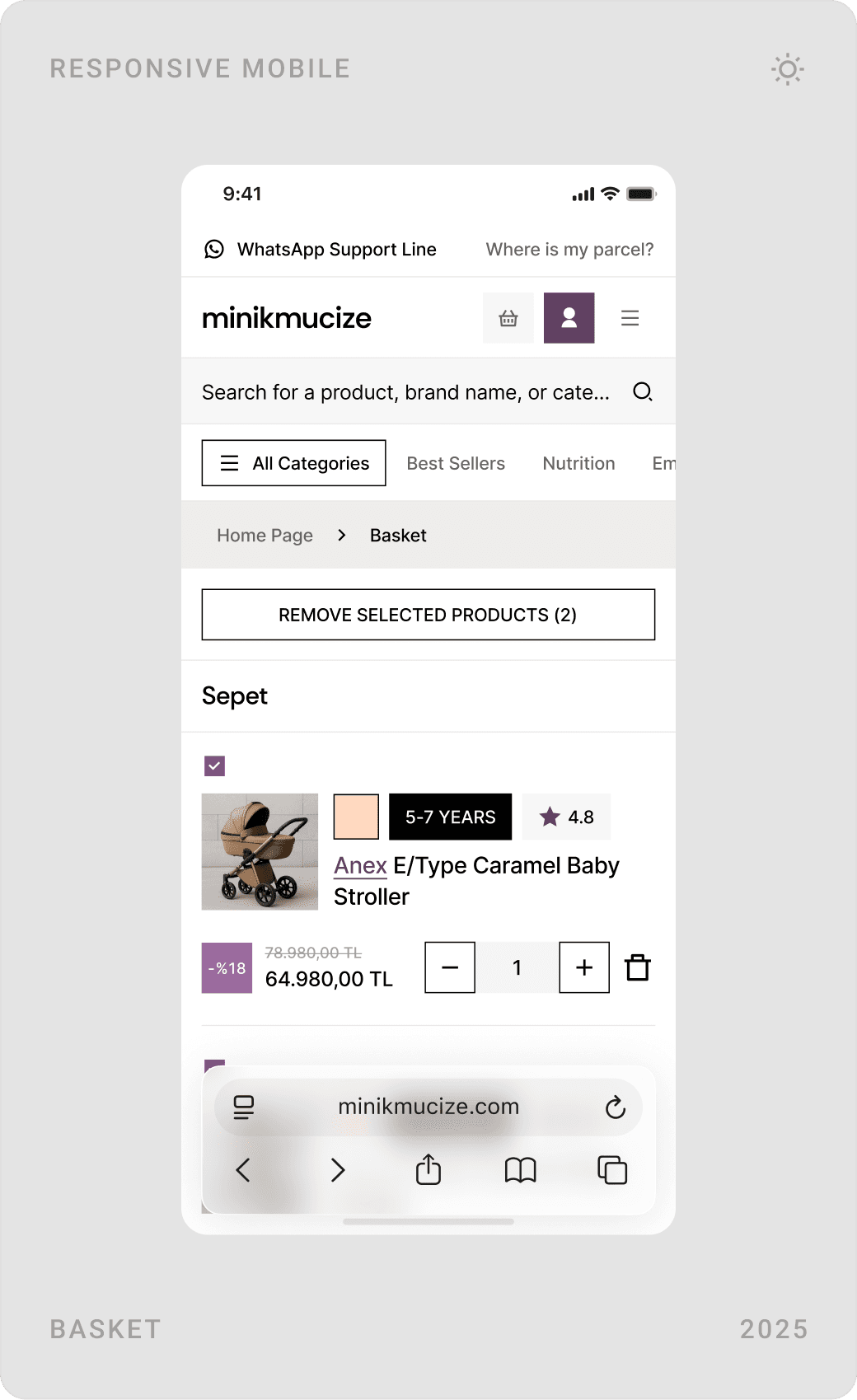 Mobile basket, “Where is my parcel?” tracking form with order code and email, and order cards with status and invoice