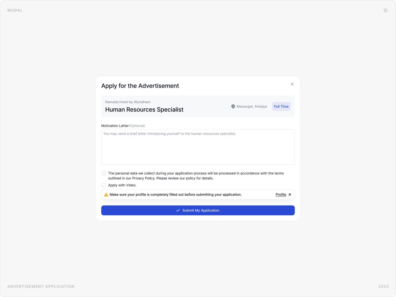 “Apply for the Advertisement” modal for a Human Resources Specialist role with optional motivation letter and Submit My Application button