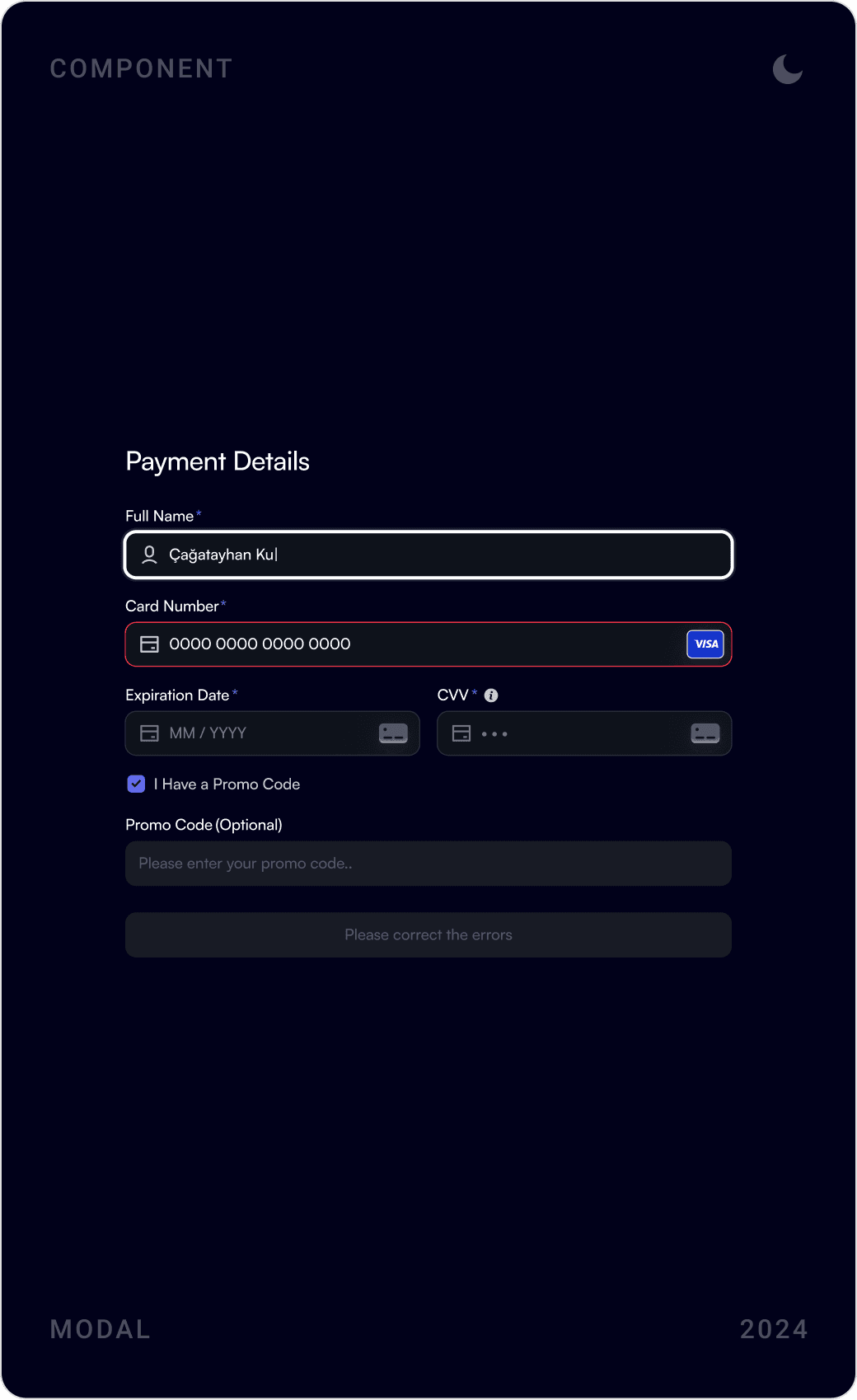 Dark payment modals: new card details, choosing between saved cards, and 3D Secure payment confirmation