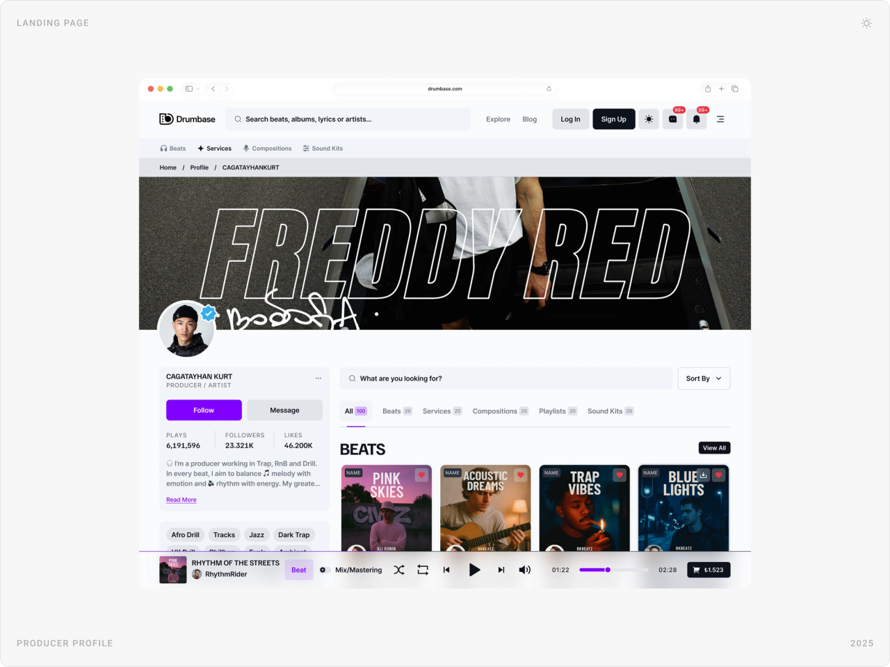 Producer profile for Freddy Red with a graffiti header, follower stats and a grid of beats