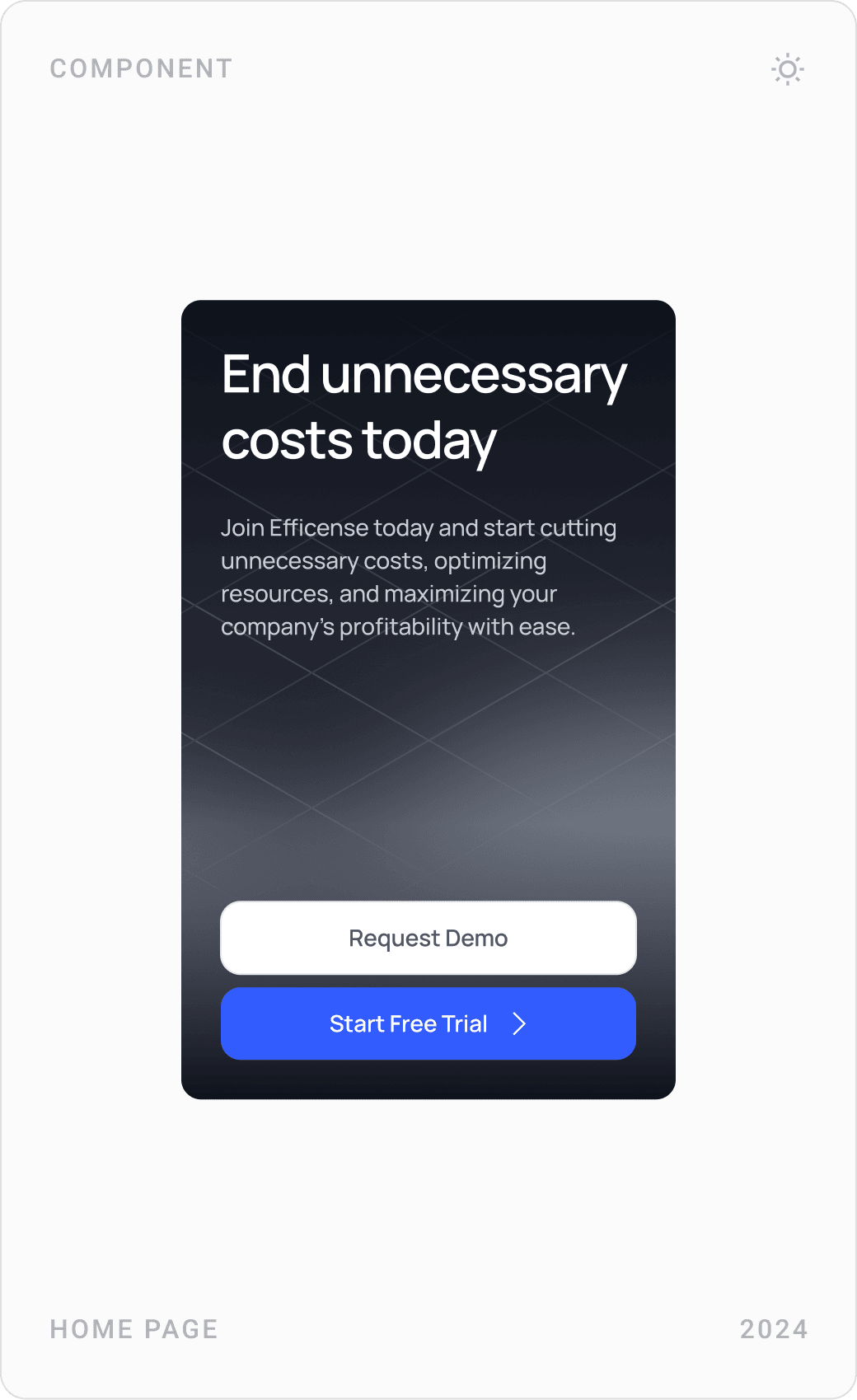 Share Article component, FAQ accordion about Efficense, and dark “End unnecessary costs today” call-to-action card