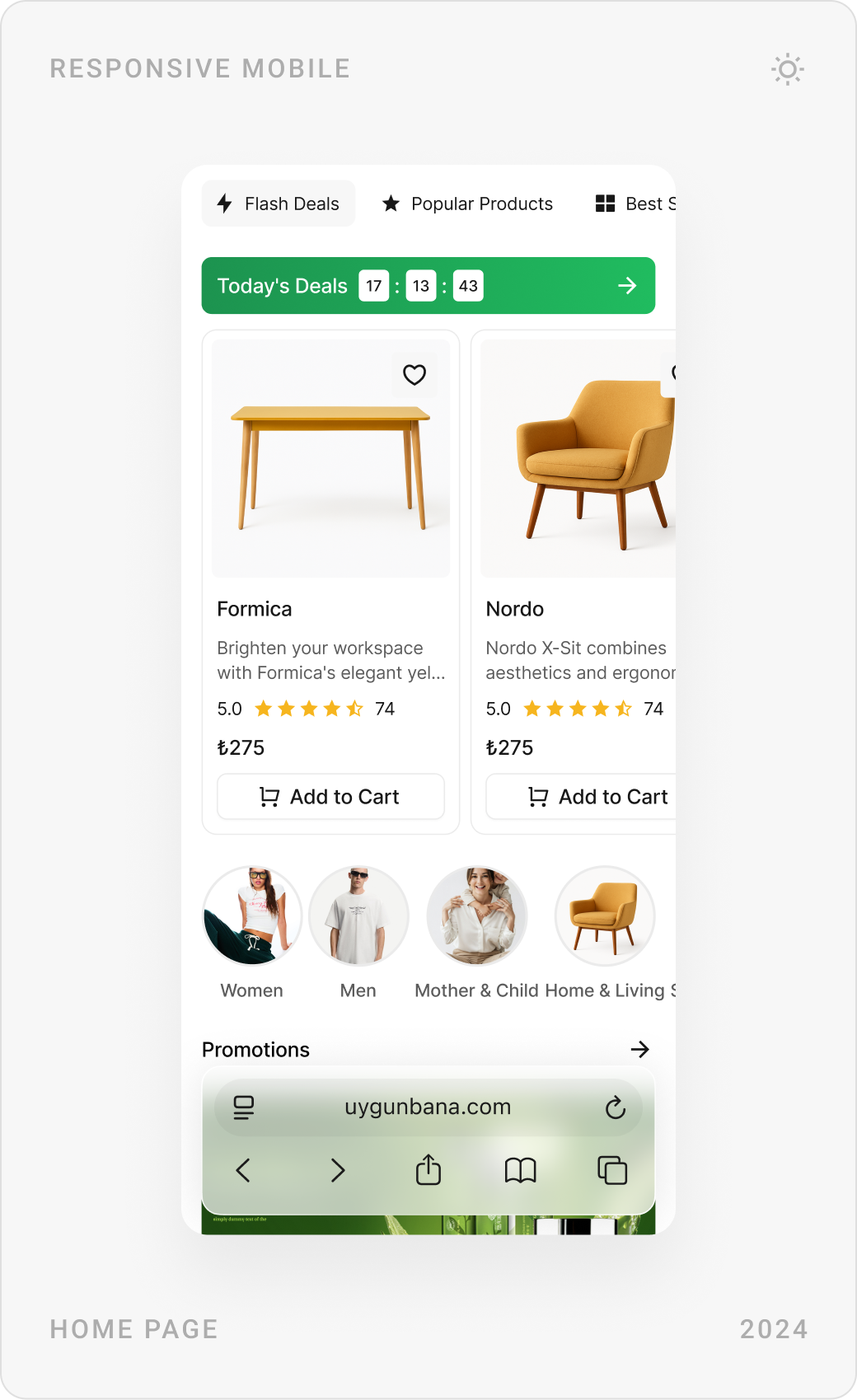 Mobile homepage with a campaign banner, today's deals with product cards and a promoted Nike product