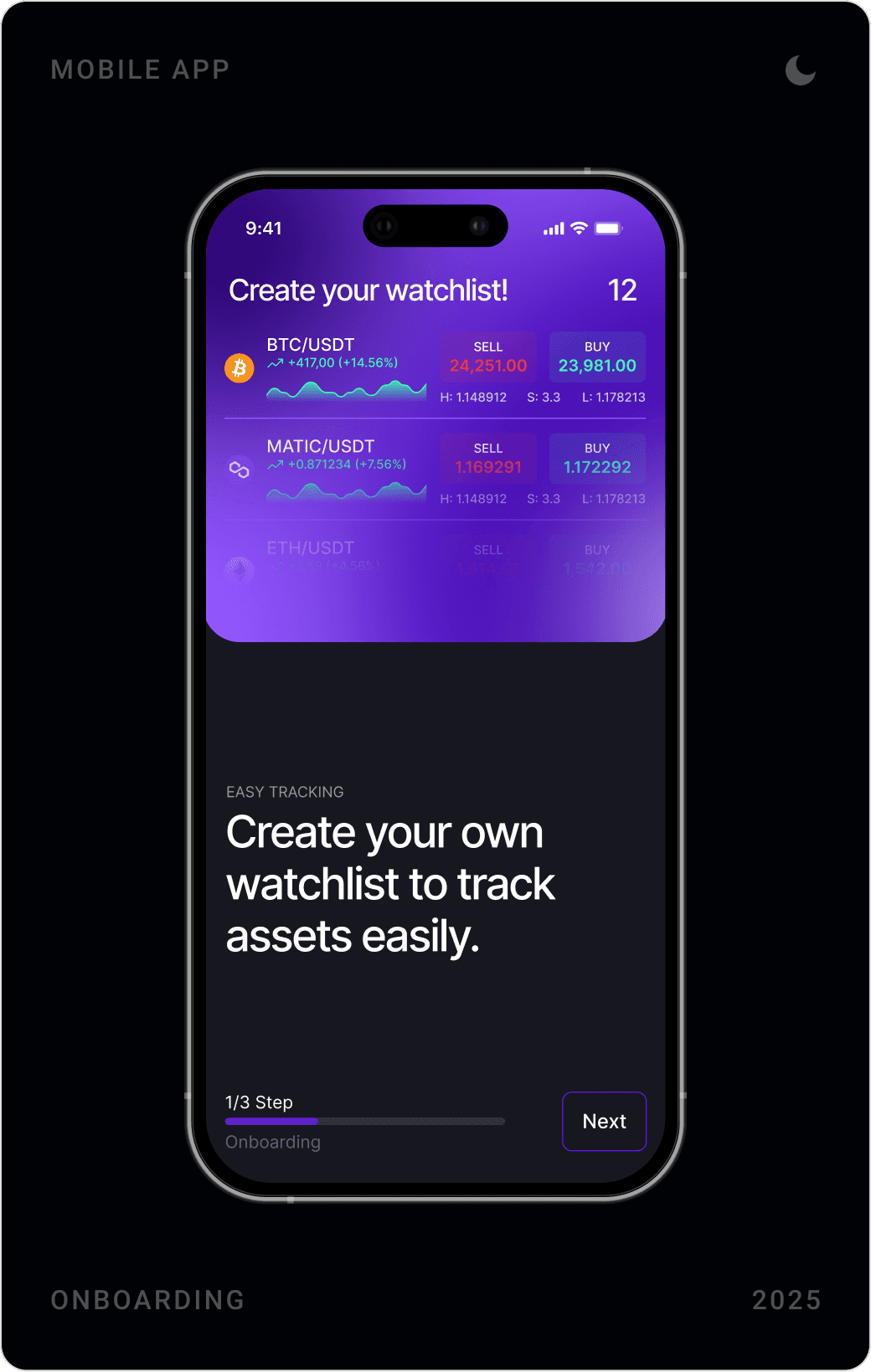 Three onboarding screens: create your own watchlist, create or cancel orders in seconds, and fast withdrawal with a Finish button