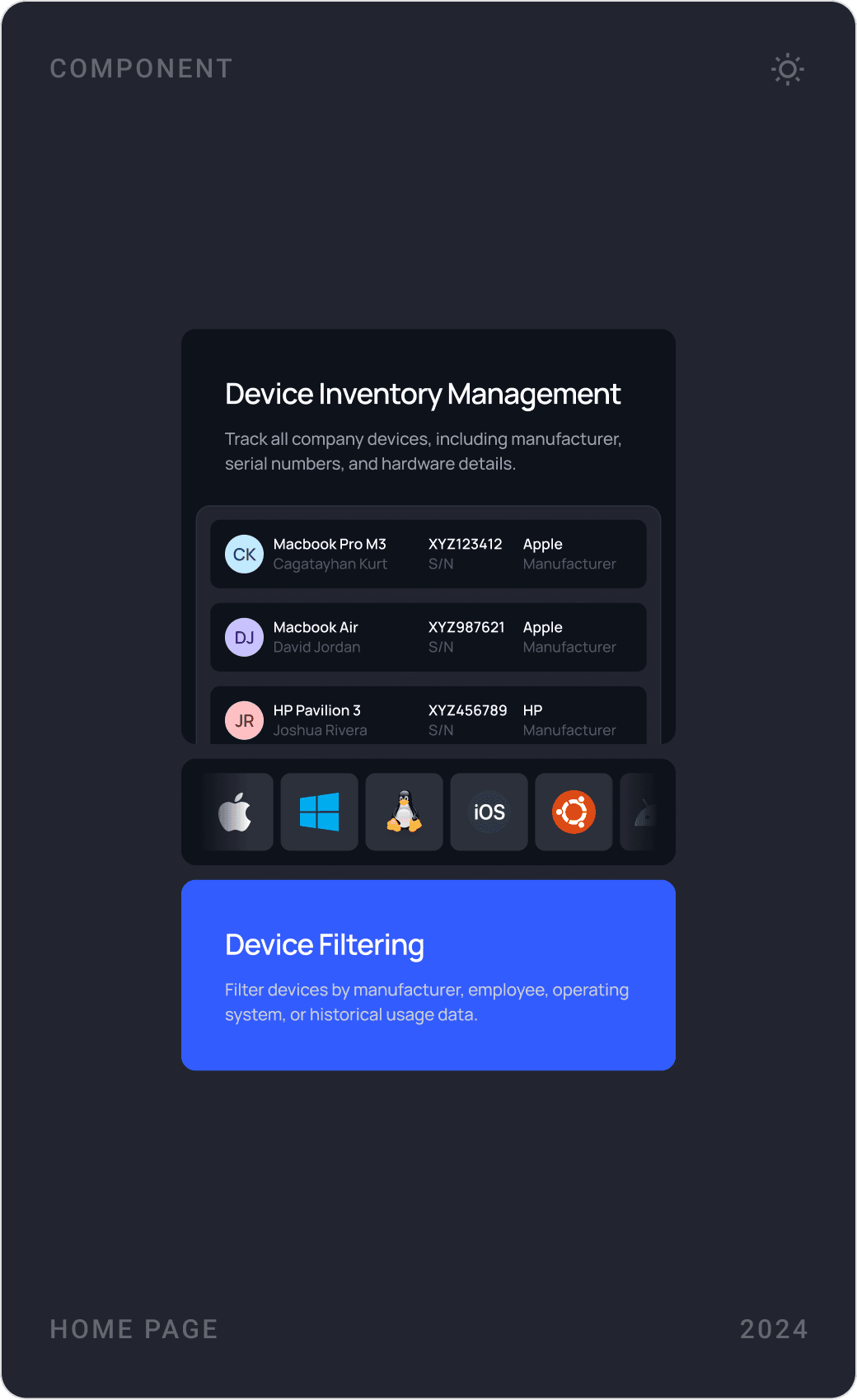 Dark hardware cards: device inventory management with device filtering, hardware usage insights table, employee device tracking and performance reports