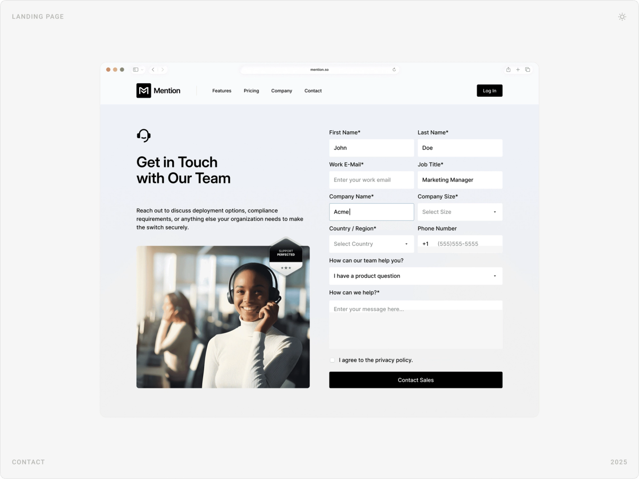 “Get in Touch with Our Team” contact page with a support agent photo and a contact-sales form