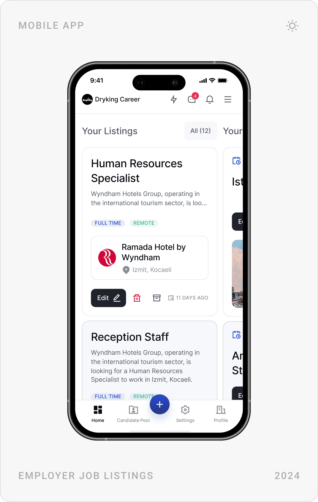 Mobile employer home with summary tiles, job listings in Kanban view, and active articles
