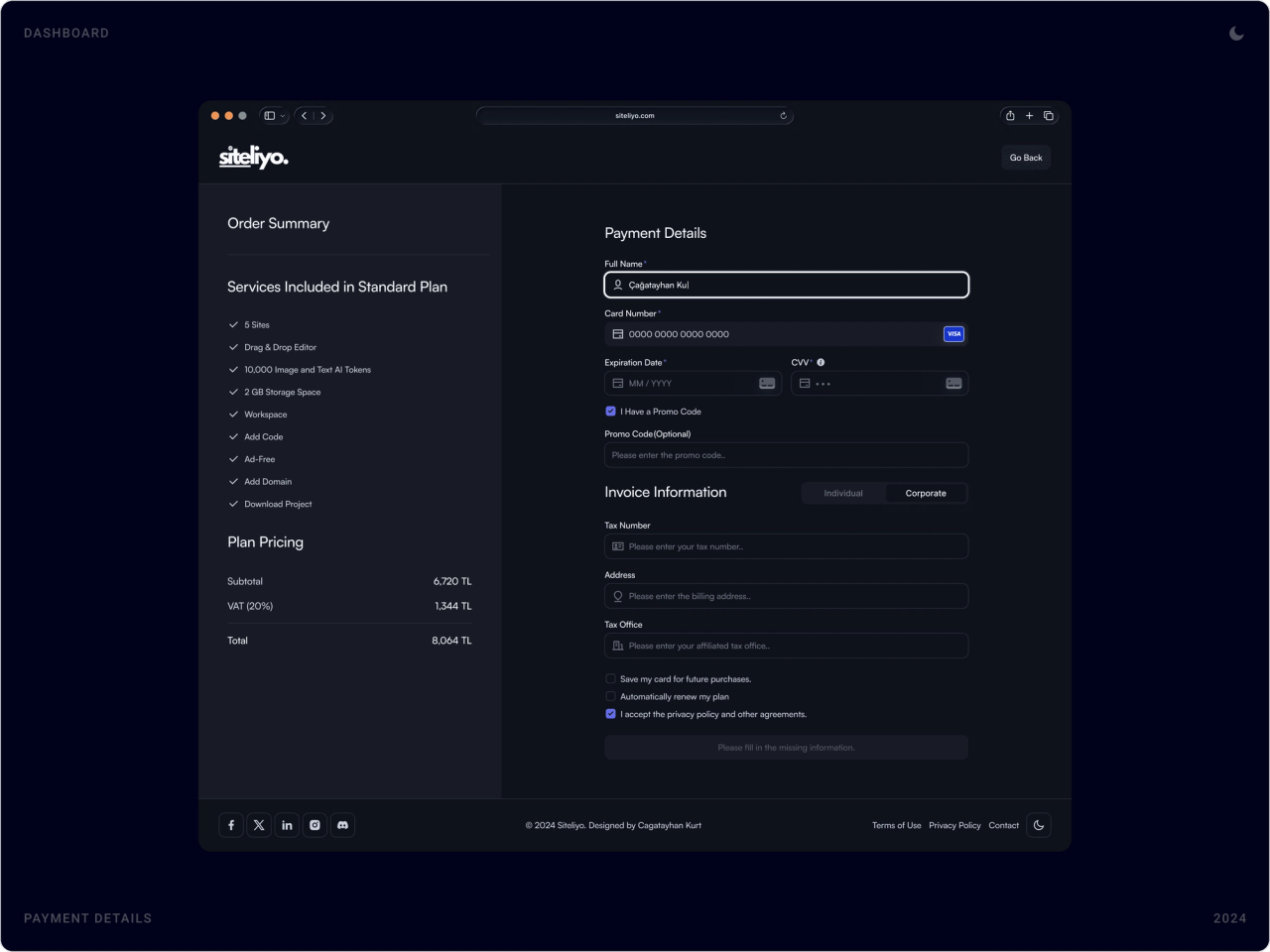 Dark checkout with an order summary of the Standard plan beside card details and invoice information