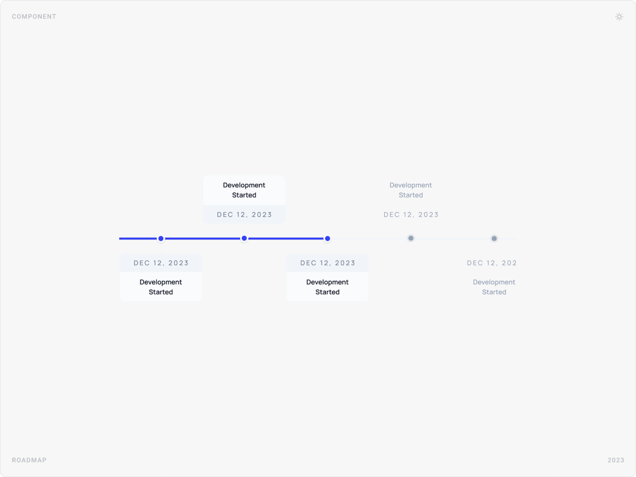 Roadmap timeline component with completed and upcoming development milestones
