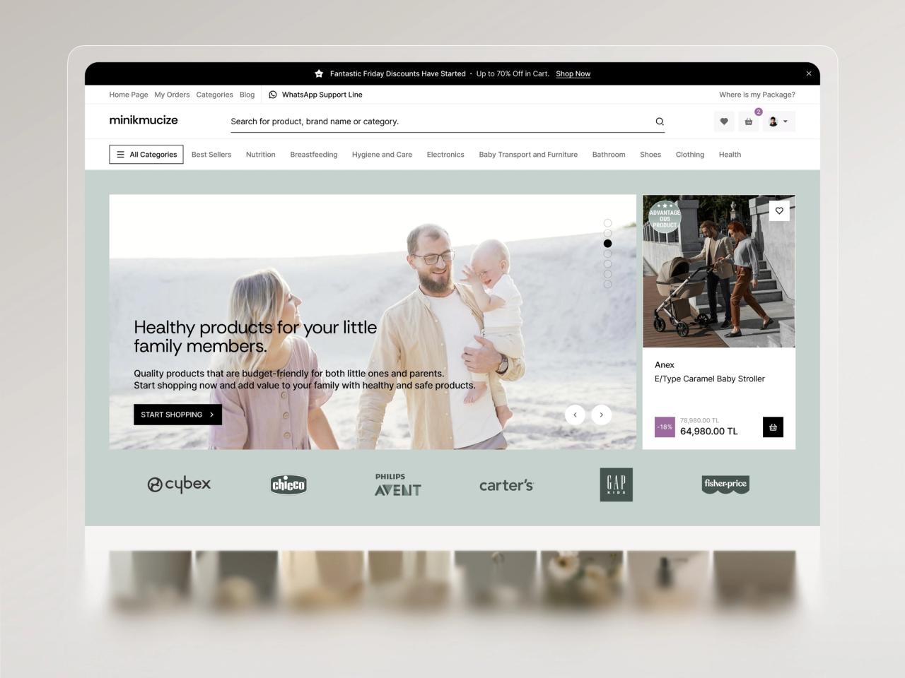 Minikmucize homepage with a family photo, the headline “Healthy products for your little family members” and brand logos