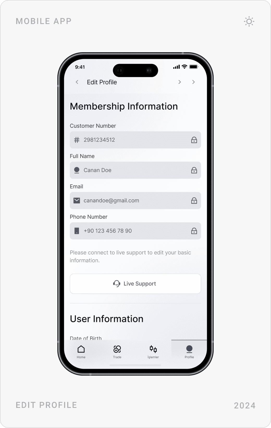 Light edit profile with membership information, update password form, and authentication with ID card, passport or driving licence