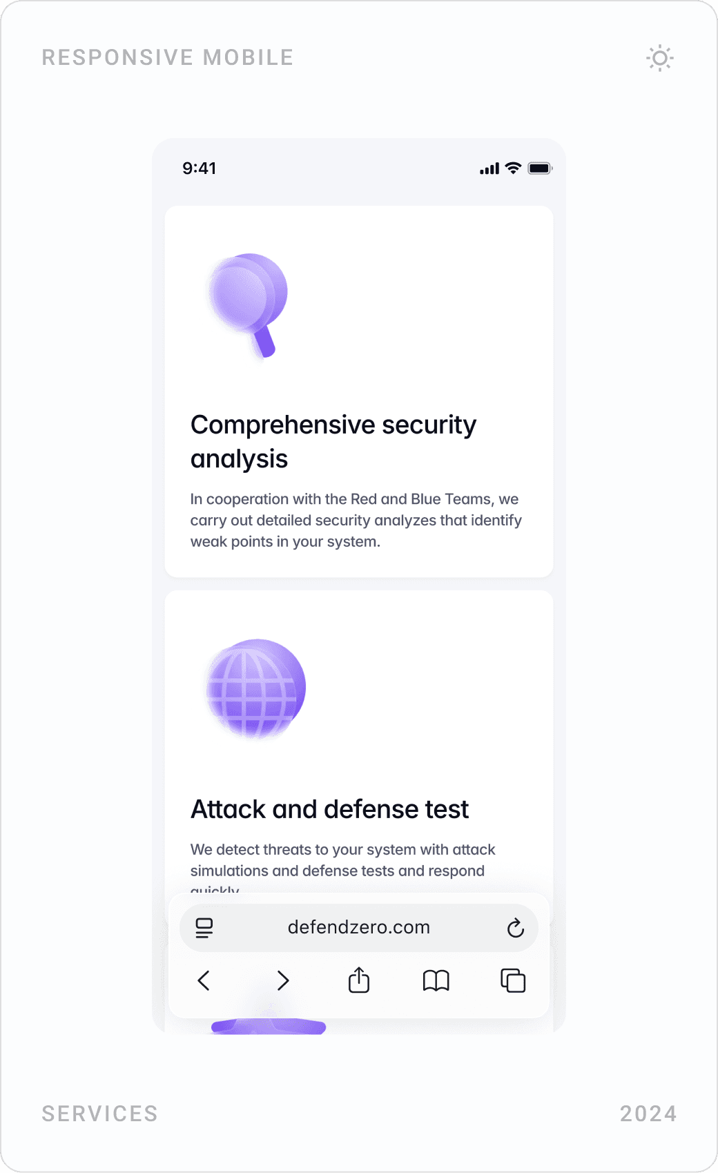 Purple Team mobile pages: hero, comprehensive security analysis and attack-defense tests, dynamic defense strategies