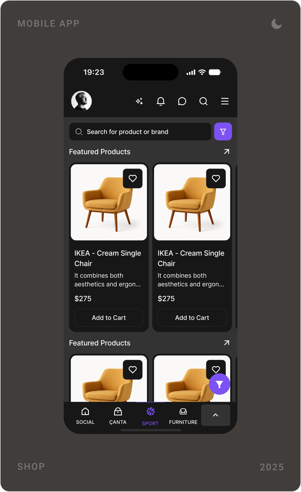 Dark mode shop with featured products, a blog with featured posts and a product detail page for an armchair