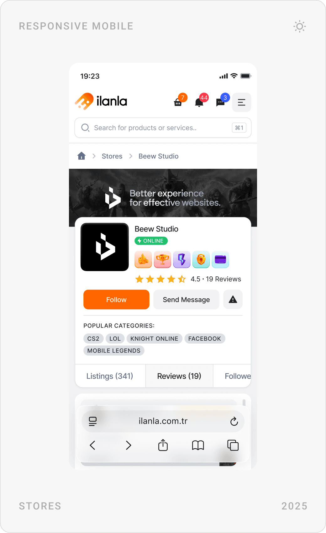 Mobile seller store with rating and badges, Followers list, and Badges screen: Successful Seller, Featured Listing, Automatic Delivery, Identity Verified