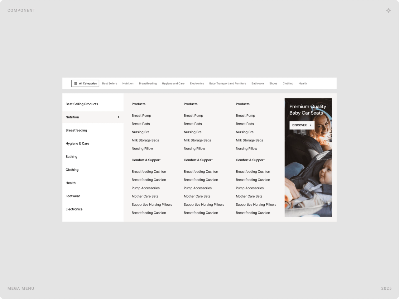 Mega menu with category list, product groups such as breast pumps and nursing pillows, and a baby car seat promotion