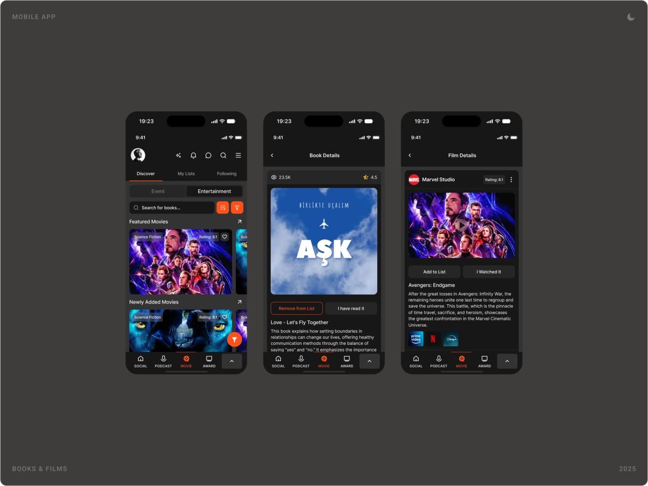 Dark mode books and films: featured movies, a book detail page and a film detail page with streaming services