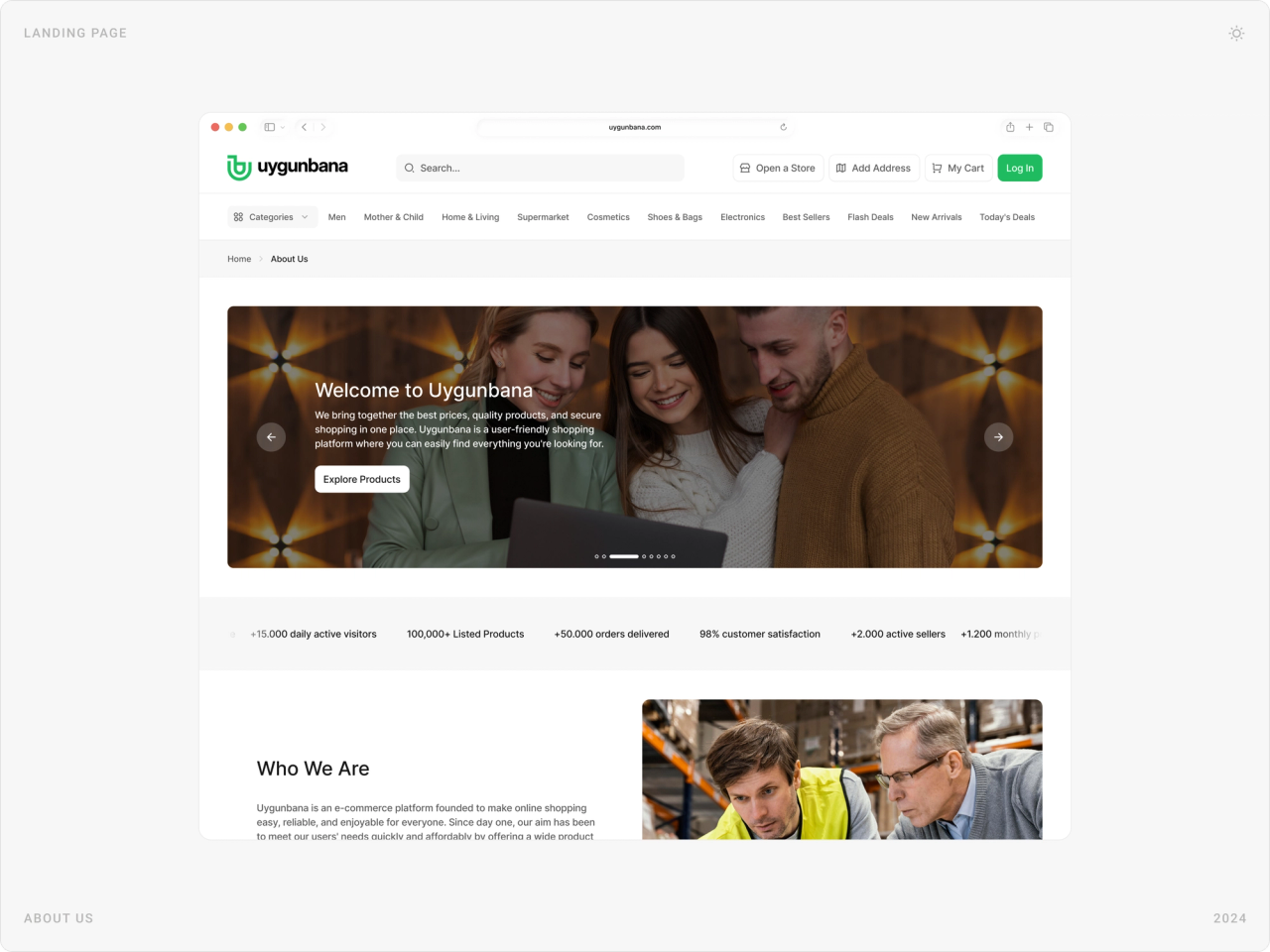 About Us page on desktop, “Welcome to Uygunbana”, with company stats and a Who We Are section