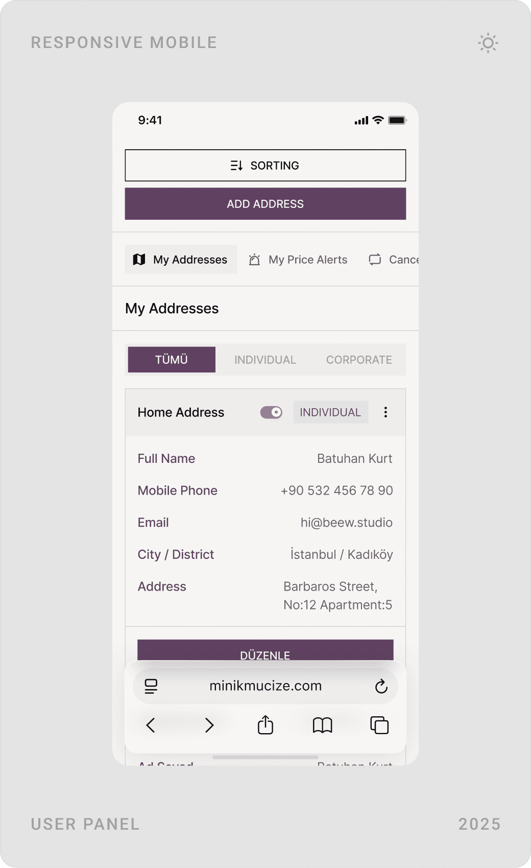 Mobile account screens: gift vouchers, bank transfer notification form and saved addresses