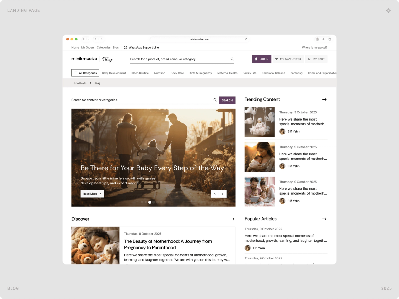 Blog homepage with a featured story “Be There for Your Baby Every Step of the Way”, trending content and popular articles
