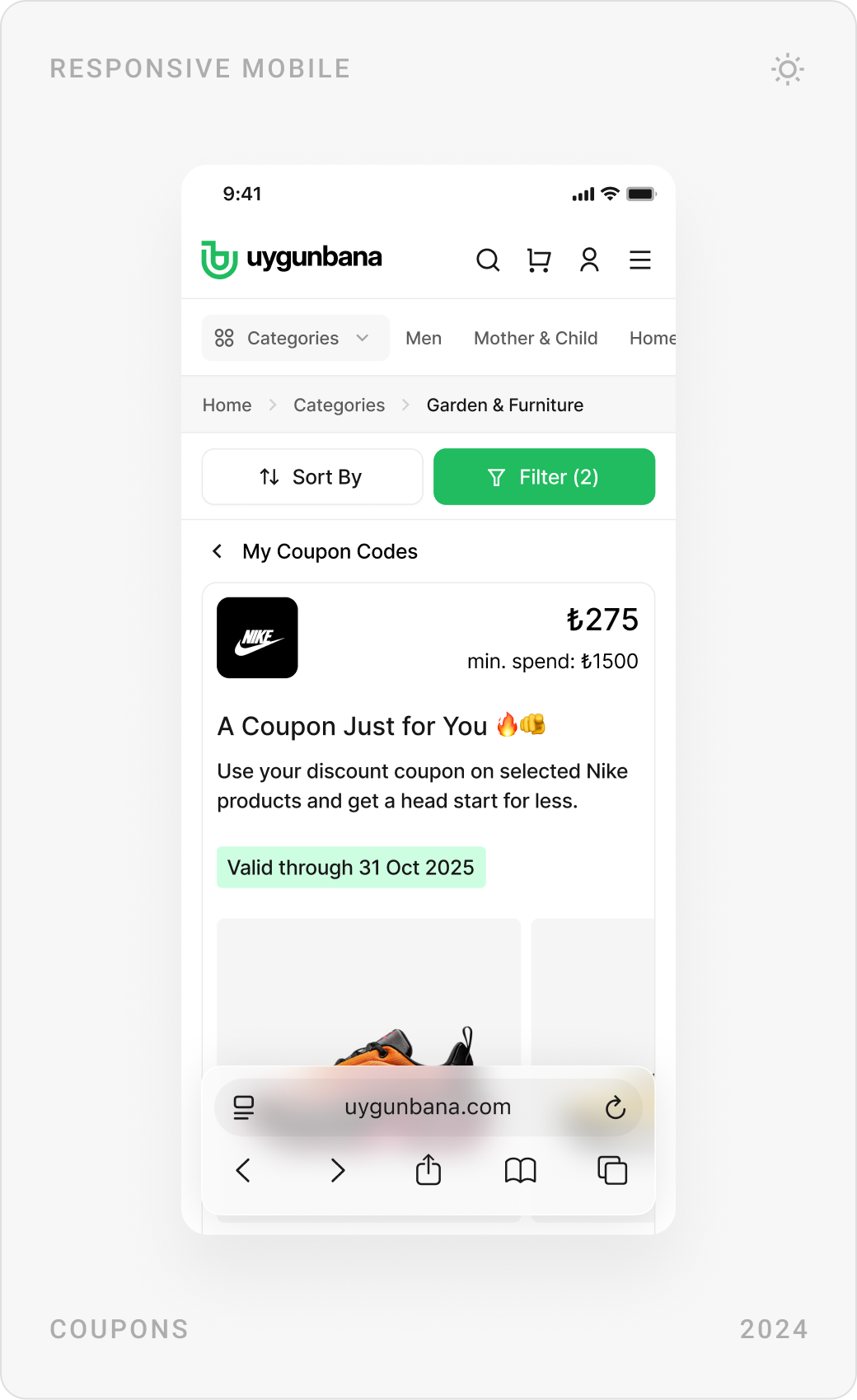 Mobile saved cards, a store coupon with minimum spend, and the add card form