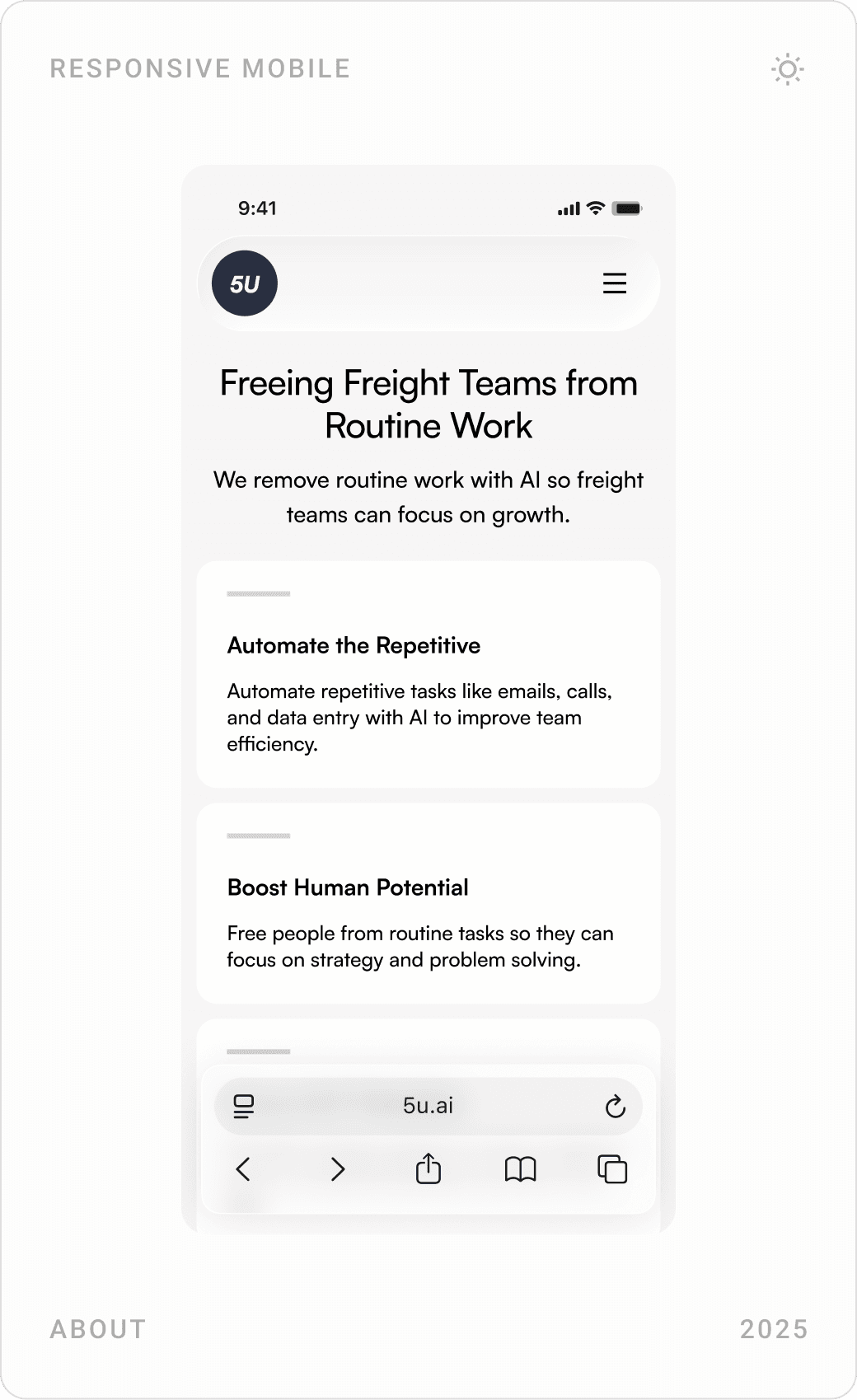 Mobile about page: mission, numbers and team