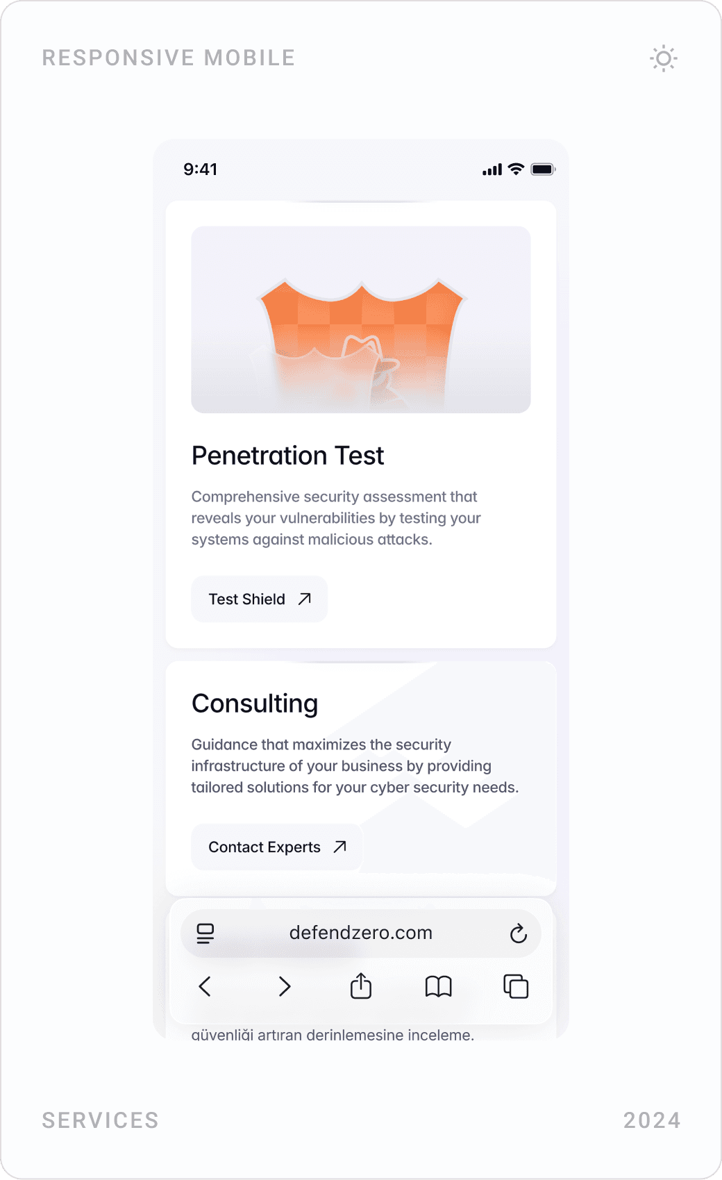 Mobile service cards for Penetration Test, Consulting and Code Analysis, and “We guarantee your security with numbers” counters