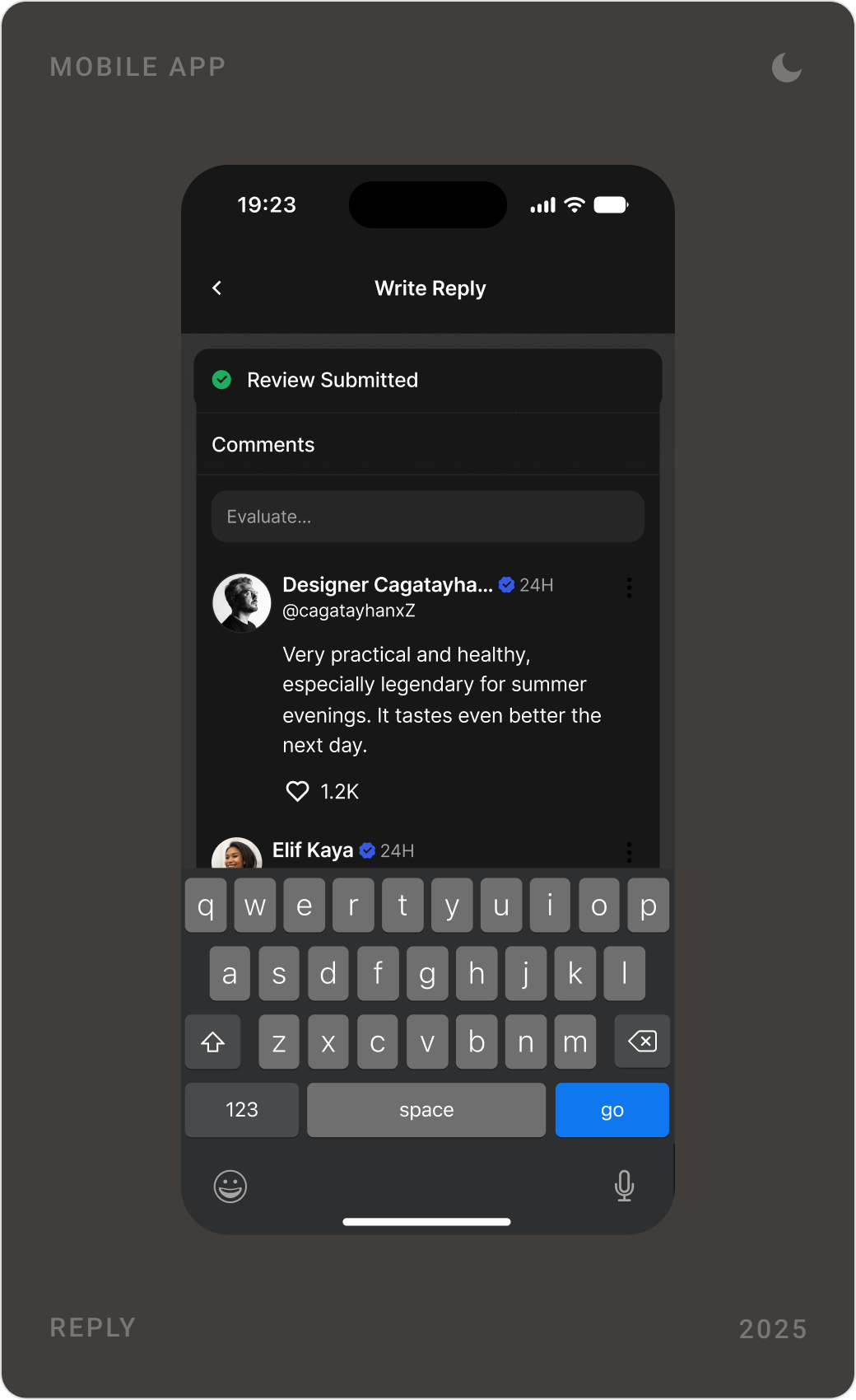 Dark mode screens: writing a comment with photos, the news feed with featured news, and a reply thread