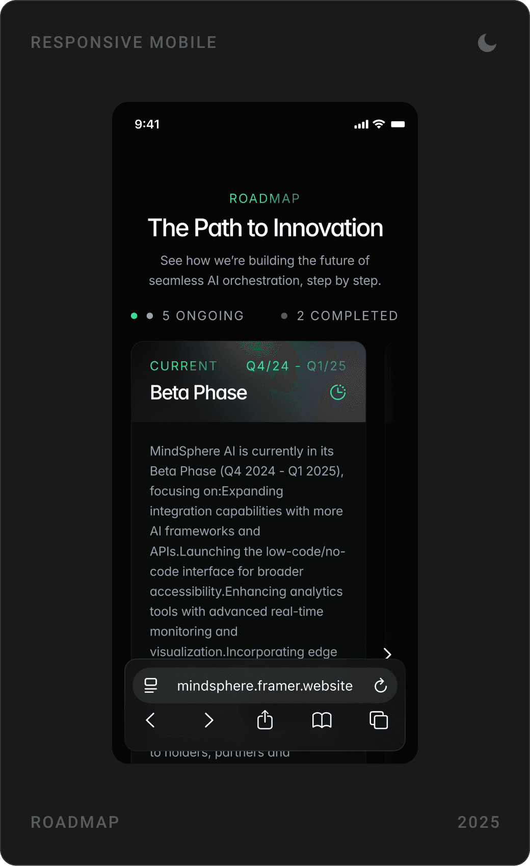 Mobile operational structure diagram, AI landscape challenges grid, and “The Path to Innovation” roadmap with phase tabs