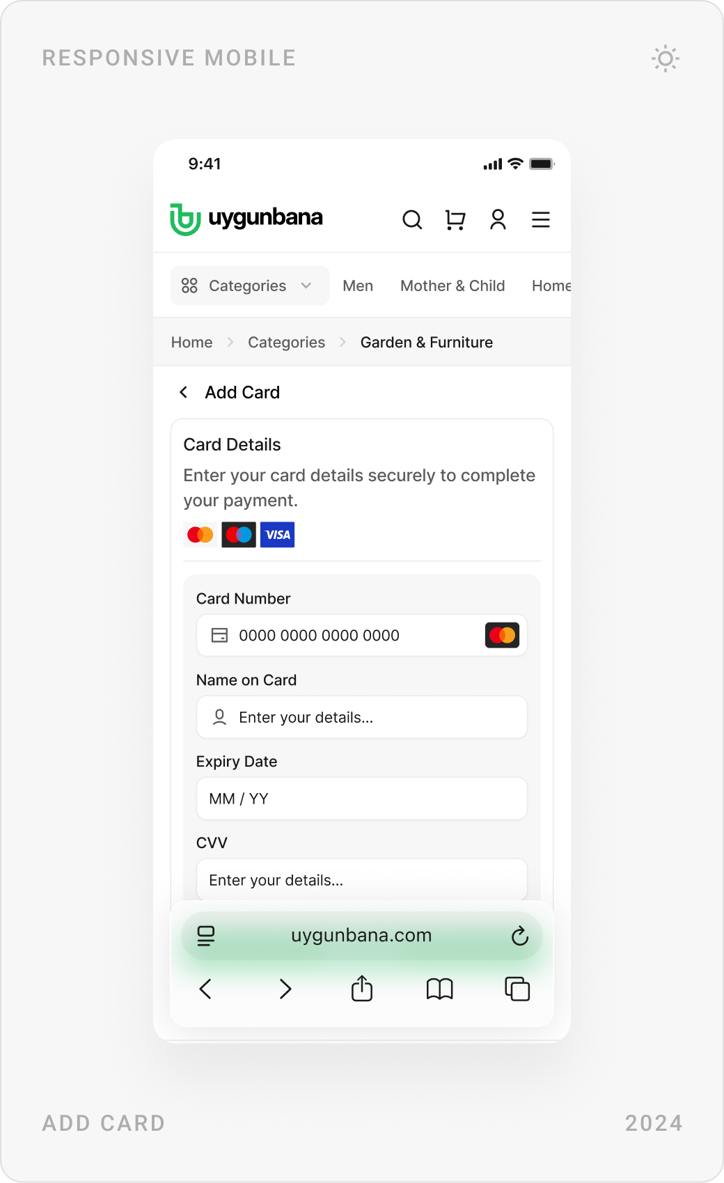 Mobile saved cards, a store coupon with minimum spend, and the add card form