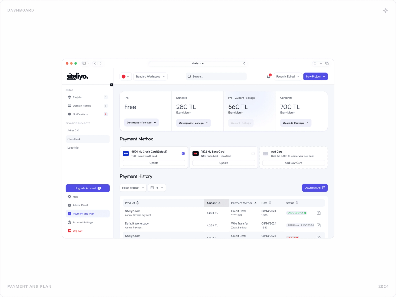 Payment and plan page with four plan cards, saved payment methods and a payment history table