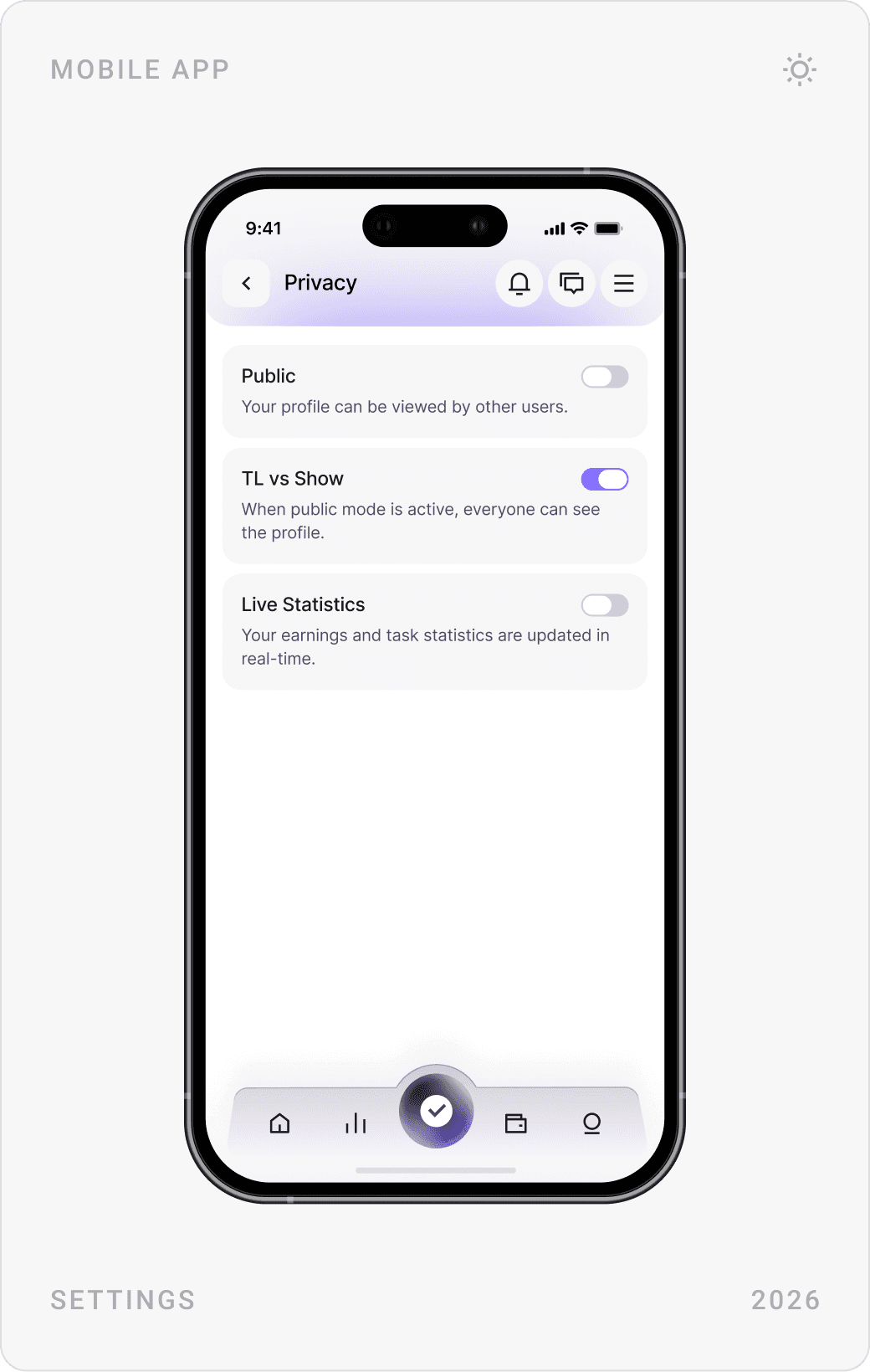 Light-mode settings: settings menu, profile information form with an information notice, and privacy toggles