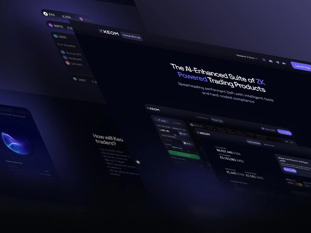 KEOM landing page in perspective with the headline “The AI-Enhanced Suite of ZK Powered Trading Products” and dApp screens