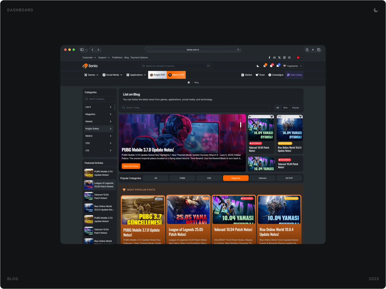 İlanla blog in dark theme with a featured PUBG Mobile 3.7.0 update post, category tabs and most popular posts