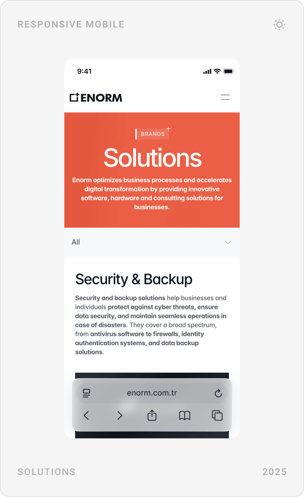 Mobile contact page, contact form and the Solutions page with the Security & Backup category