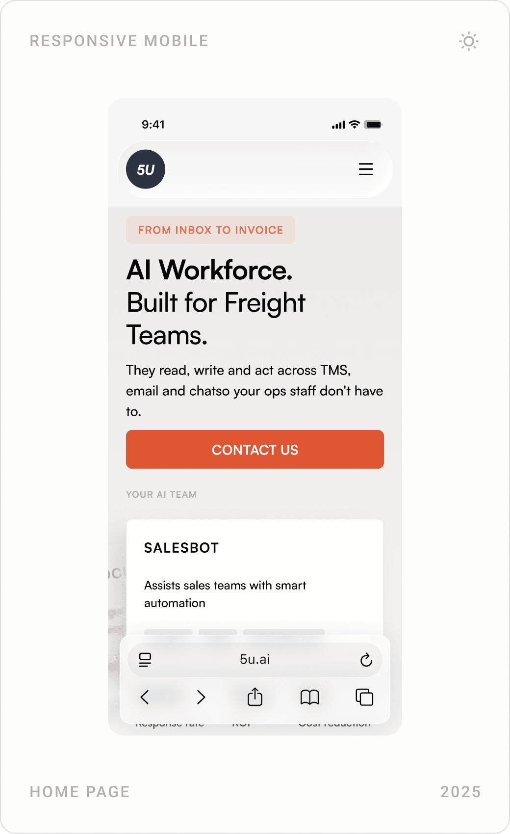 Mobile homepage screens for 5U AI: hero, how it works, and stack integrations