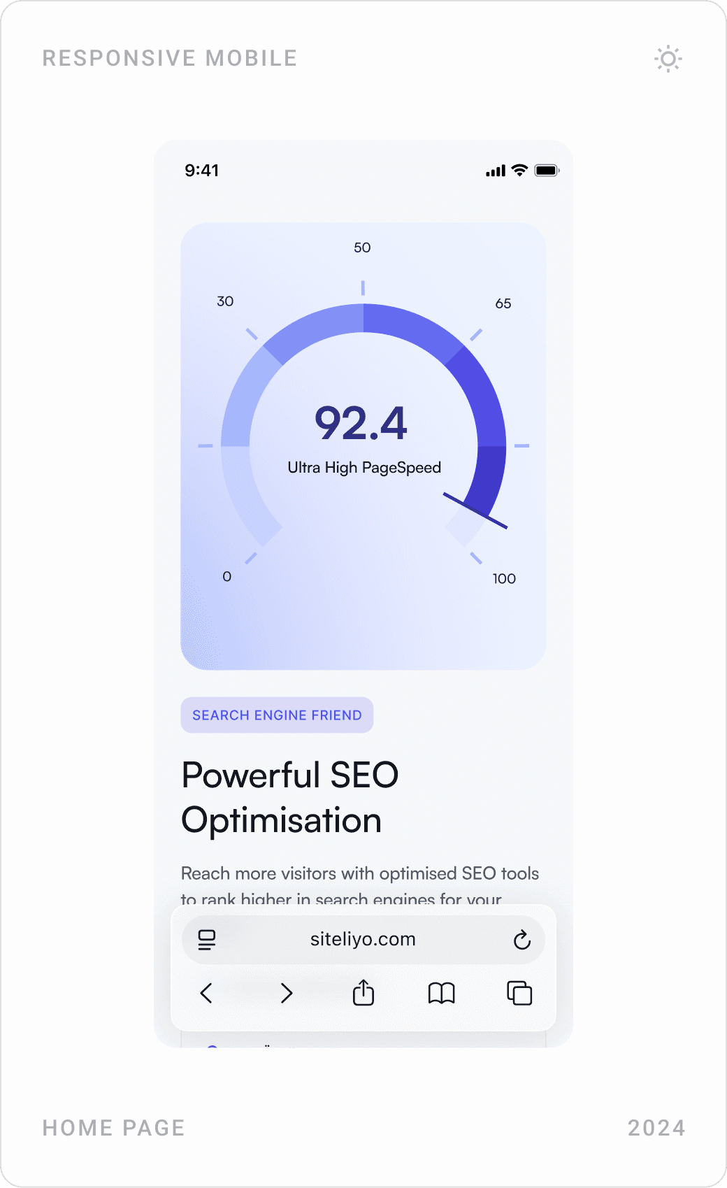 Mobile homepage screens: hero, the drag-and-drop website editor feature and an SEO optimisation score gauge