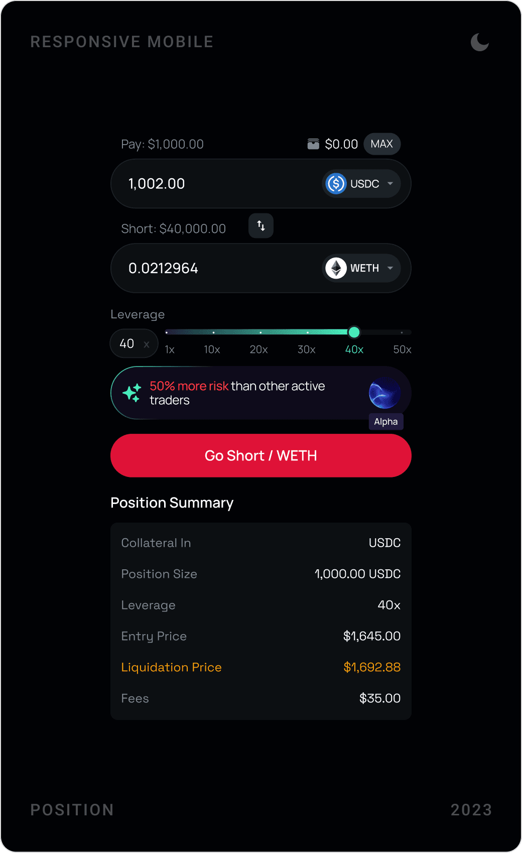 KEOM mobile position forms: verify via Polygon ID, a green Go Long button and a red Go Short button with position summaries