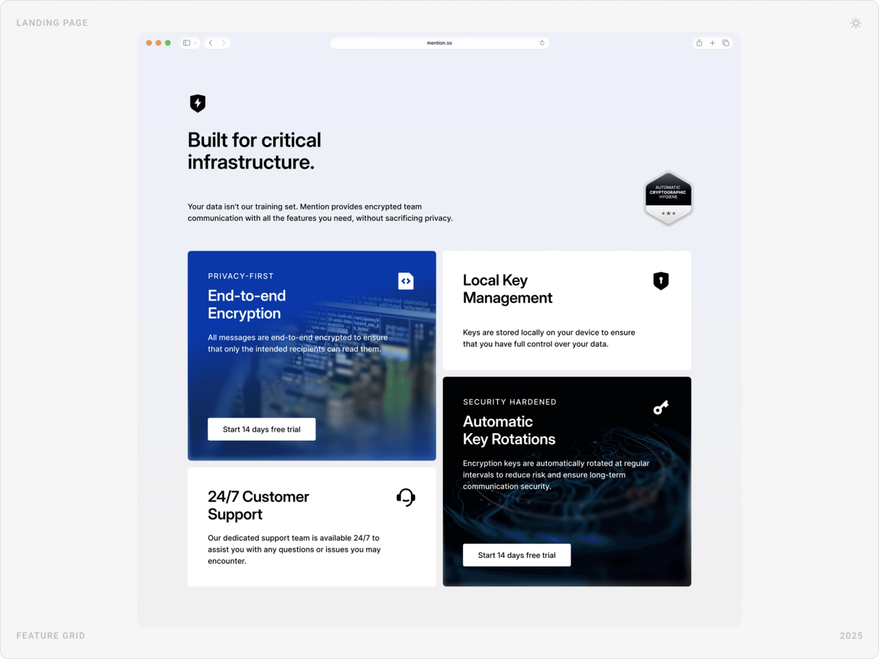 “Built for critical infrastructure” feature grid: end-to-end encryption, local key management, automatic key rotations and 24/7 support