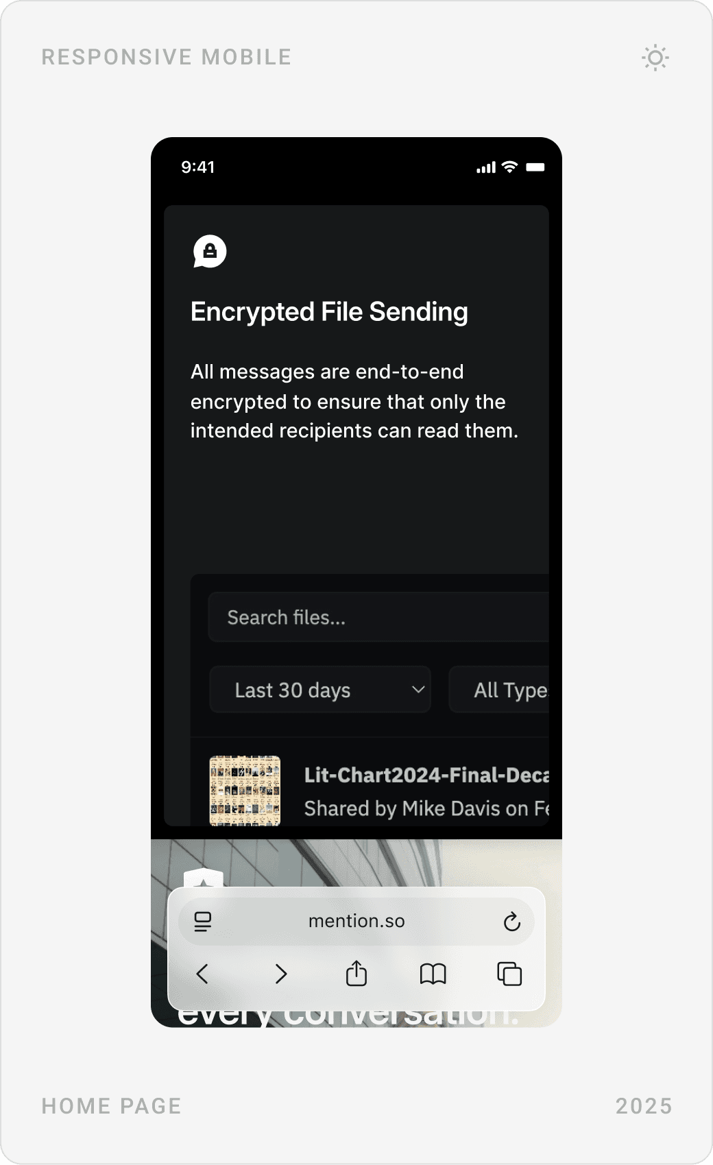 Mobile product cards for threads and direct messages, encrypted file sending, and the “Confidence in every conversation” section